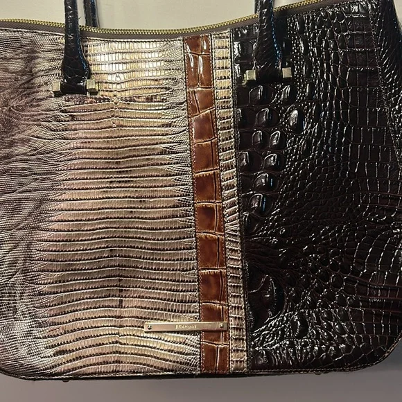 Brahmin Croc Embossed Tote Bag Brown Burgundy Tri Color - Picture 2 of 8